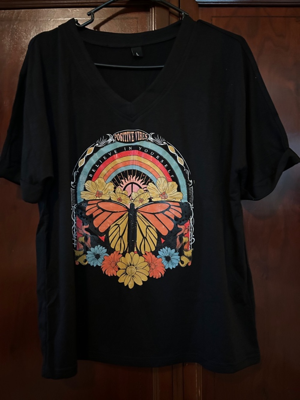 Black V-Neck Tee with Colorful Butterfly Graphic - Positive Vibes